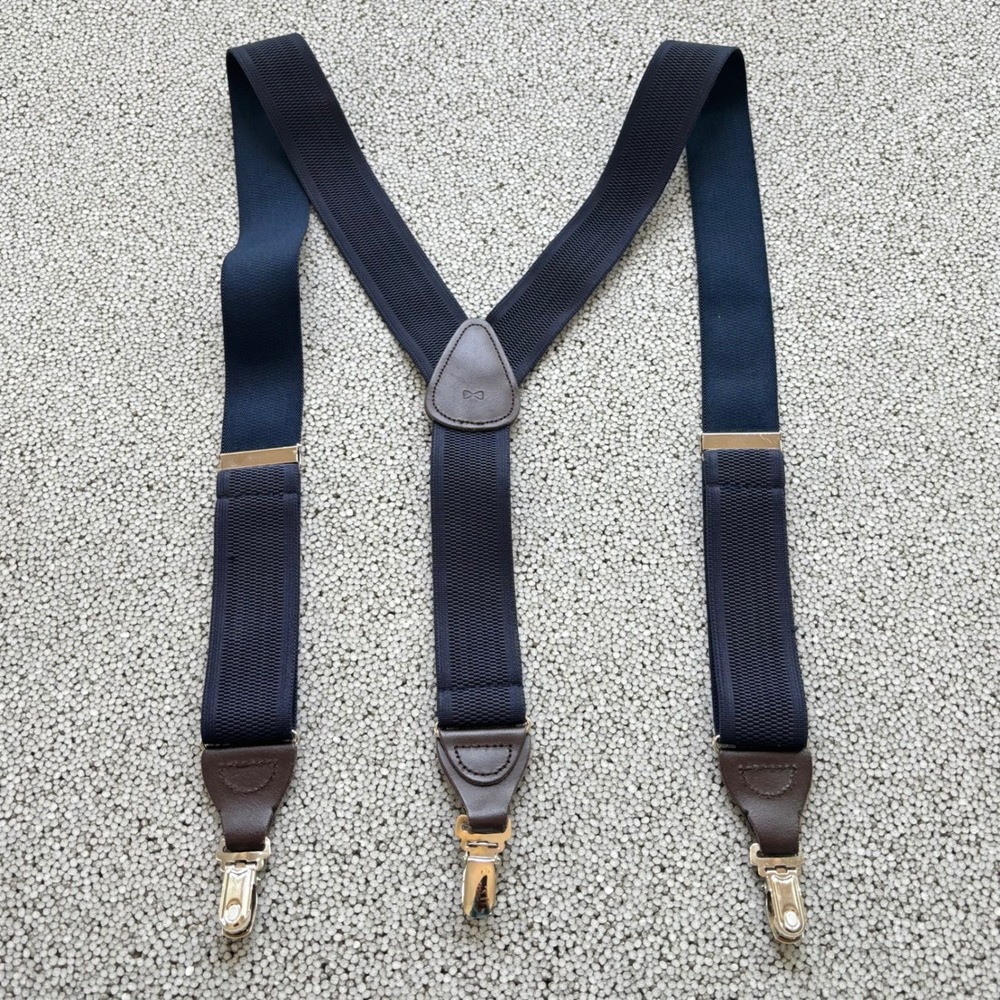Trafalgar Suspenders Mens Navy Blue Leather Trim Silver Convertible Preppy - Picture 4 of 6